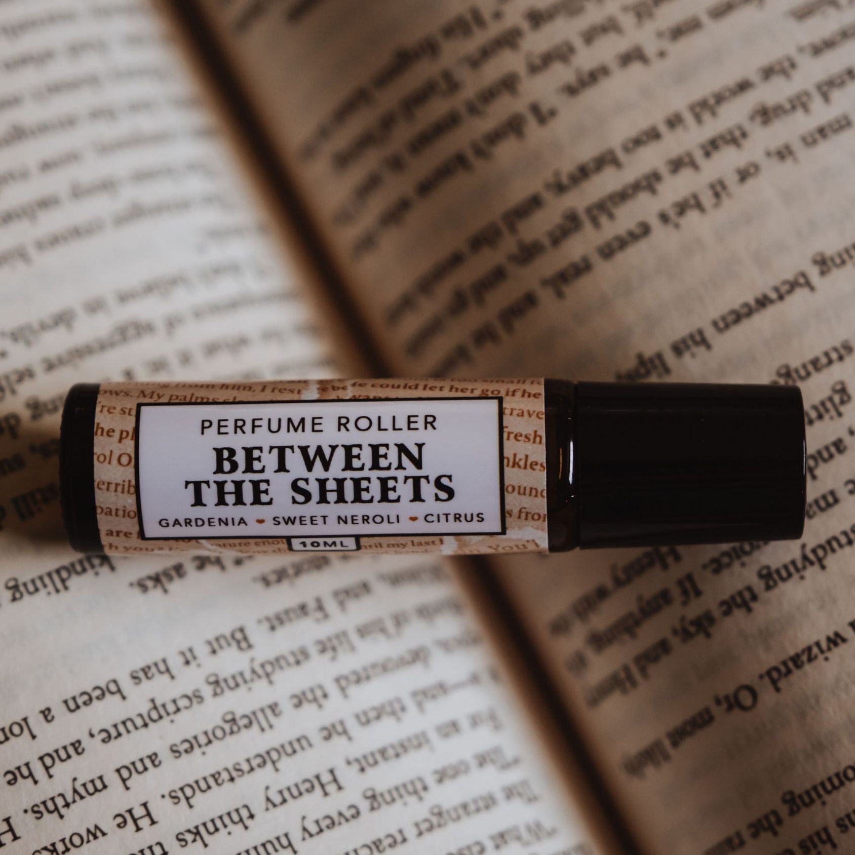 Flatlay of a"between the sheets" roller lined up across open book pages.