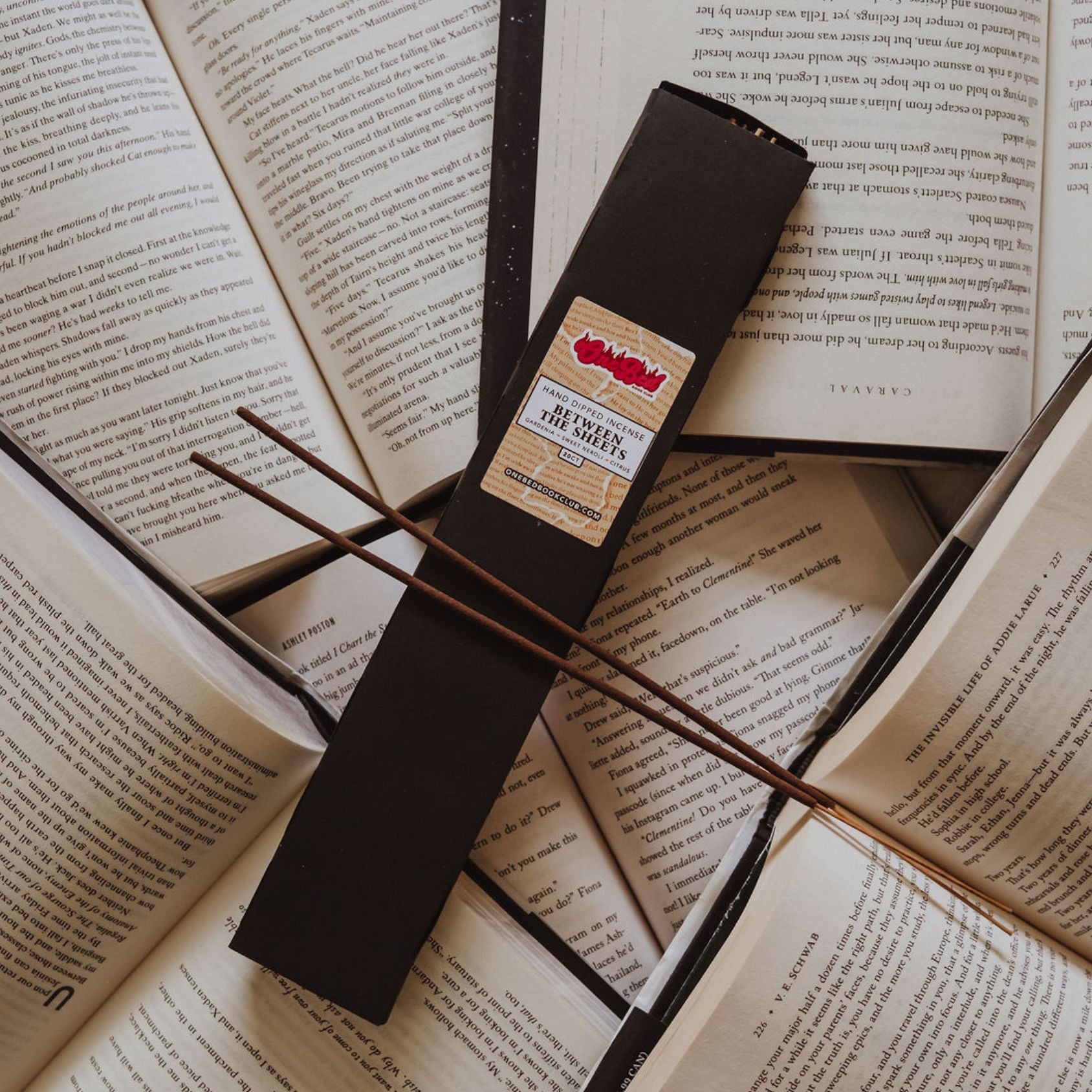 Single incense bundle in focus on open book pages with black and white text background.